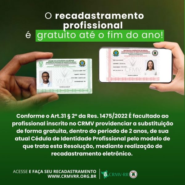 O recadastramento é GRATUITO até o final de 2024 conforme Resolução 1475/2022